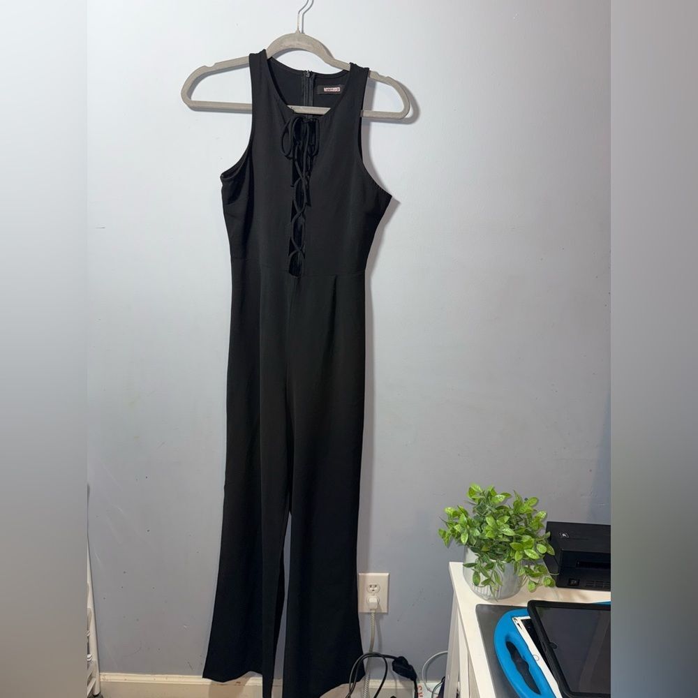 Missguided Solid Black Tie/Laced Front Sleeveless Jumpsuit Size US 4 EUC